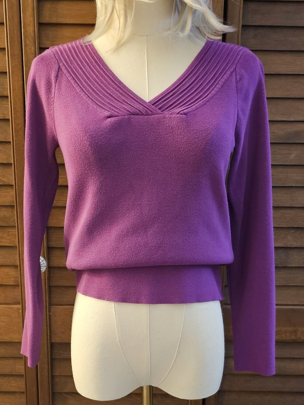 Eileen Fisher Deep Purple Ribbed V-Neck Long Sleeve Top